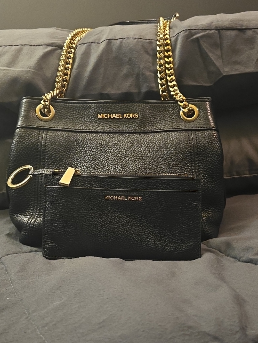 Michael Kors Black Leather Purse with Gold Chain Straps And Matching Wallet